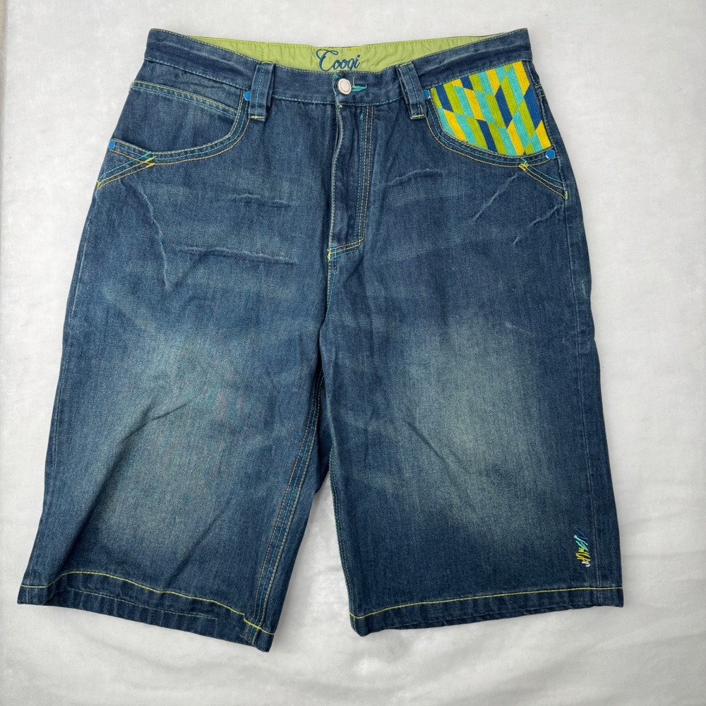 Coogi Denim Shorts 38 Blue Embroidered Hip Hop Y2K Mens Baggy Jorts